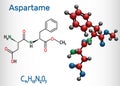 Aspartame, APM, molecule. Sugar substitute and E951. Structural chemical formula and molecule model