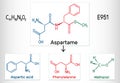 Aspartame, aspartic acid, phenylalanine, methanol molecule. Sugar substitute and E951. Structural chemical formula Royalty Free Stock Photo