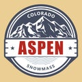 Aspen label, snowmass village in Colorado emblem, winter ski resort stamp, Aspen emblem with snow covered mountains Royalty Free Stock Photo