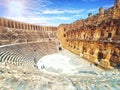 Aspendos Amphitheater close-up inside in the summertime with sunshine, Turkey, Serik district