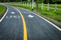 Asphalt bicycle road with yellow line