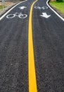 Asphalt bicycle road with yellow line