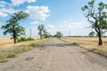 Asphalt bitumen old road with trees and wheat field landscape clouds blue sky Royalty Free Stock Photo