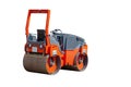 Asphalt compactor. Orange Road roller isolated on white background. Angle back view of the modern road roller Royalty Free Stock Photo