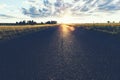 Asphalt country road, a grass field and sunset.