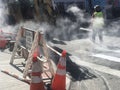 Asphalt and crosswalk line replacement roadworks on the city street. Royalty Free Stock Photo