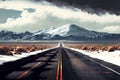 asphalt empty road beyond horizont and high snow-caed mountains Royalty Free Stock Photo