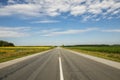 Asphalt highway among agricultural fields of corn and sunflowers. Royalty Free Stock Photo