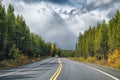 Asphalt highway in autumn pine forest and gloomy sky at Banff national park Royalty Free Stock Photo