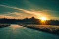 Asphalt highway road under sunset or sunrise light abstract scene background. Endless traffic speedway route track in