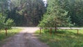 From the asphalt highway into the woods departing dirt road. The metal barrier at the entrance to the forest is open. It is closed Royalty Free Stock Photo