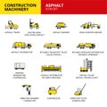 Asphalt machinery vehicle and transport car construction machinery icons set vector Royalty Free Stock Photo