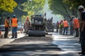 Asphalt paver laying down fresh asphalt on a road, with workers smoothing the surface behind it. Generative AI