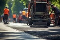 Asphalt paver laying down fresh asphalt on a road, with workers smoothing the surface behind it. Generative AI