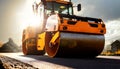 Large Modern Yellow Road Roller or Steamroller on a New Asphalt Road - Generative Ai