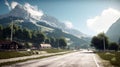 Asphalt road. Alps in a beautiful summer day landscape scene