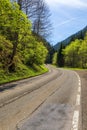 Asphalt road in Austria through the forest, valley in Austria in a beautiful summer day. Alps mountains tranquil summer view Royalty Free Stock Photo