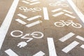 Asphalt road with bicycle and electric transport lane. Cycle and zero emission vehicles white sign on floor. Recreation area for Royalty Free Stock Photo