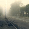 Asphalt road in the city and thick fog. Thick morning fog. Beautiful road landscape.