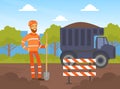 Asphalt Road Construction and Repair, Worker in Overalls and Safety Helmet Repairing Digging with Shovel Cartoon Vector Royalty Free Stock Photo