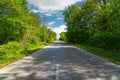 Asphalt road between dense green trees towards sea