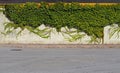 An asphalt road in front of an old white wall covered of ivy and a concrete sidewalk Royalty Free Stock Photo