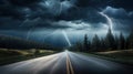 The asphalt road goes into the horizon, Direct road in a thunderstorm, evening or night.