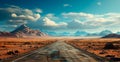 Asphalt road going into the distance, mountain landscape - AI generated image