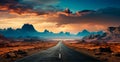 Asphalt road going into the distance, mountain landscape - AI generated image