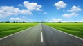 Asphalt road and green field under blue sky with white clouds Royalty Free Stock Photo