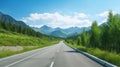 Asphalt road and green forest with mountain natural scenery in Xinjiang, China Royalty Free Stock Photo