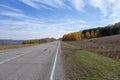 Asphalt road, highway. The road going into the distance, perspective. Colorful autumn countryside landscape. Autumn sunny day