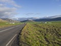 Asphalt road line through rural north summer landscape with green grass. colorful steep cliffs, sheep and dramatic sky Royalty Free Stock Photo