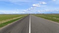 An asphalt road with markings passes among grassy meadows and pastures. Power lines run along the sides of the road. In the distan Royalty Free Stock Photo