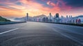 Asphalt road and modern city skyline with buildings scenery at sunset . Generative Ai Royalty Free Stock Photo