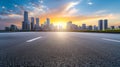 Asphalt road and modern city skyline with buildings scenery at sunset . Generative Ai Royalty Free Stock Photo