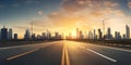 Asphalt road and modern city skyline at sunset, Generative AI illustrations Royalty Free Stock Photo