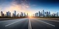 Asphalt road and modern city skyline at sunset, panoramic view, Generative AI illustrations Royalty Free Stock Photo