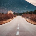 Asphalt road panorama in countryside on cloudy day. Road in forest under dramatic cloudy sky. Royalty Free Stock Photo
