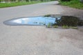 Asphalt road on puddles. Pot hole or pothole image of a broken cracked asphalt pavement Royalty Free Stock Photo