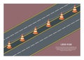 Asphalt road with safety cone separator . Simple flat illustration.