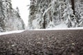 Asphalt road in snowy winter on beautiful day