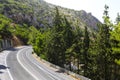 Asphalt road in a summer forest. Crete mountains Royalty Free Stock Photo