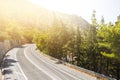 Asphalt road in a summer forest. Crete mountains Royalty Free Stock Photo