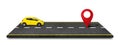 Yellow model car toy and red checkpoint on asphalt straight street roadway of lanes with lines isolated on white background. Royalty Free Stock Photo