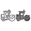 Asphalt roller line and solid icon, heavy equipment concept, steamroller truck sign on white background, Road roller