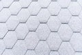 Asphalt roofing shingles texture covered with light snow. House roof shingles covered with frost. Snow covered roof of the house. Royalty Free Stock Photo