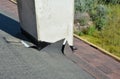 Asphalt shingles roofing construction in chimney roof problem area. Roofing construction close up