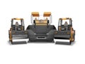 Asphalt spreader machine and two road roller getting ready for work front view 3D rendering on white background with shadow Royalty Free Stock Photo