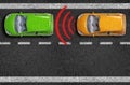 Asphalt with cars on a road with distance sensor and emergence break assistant